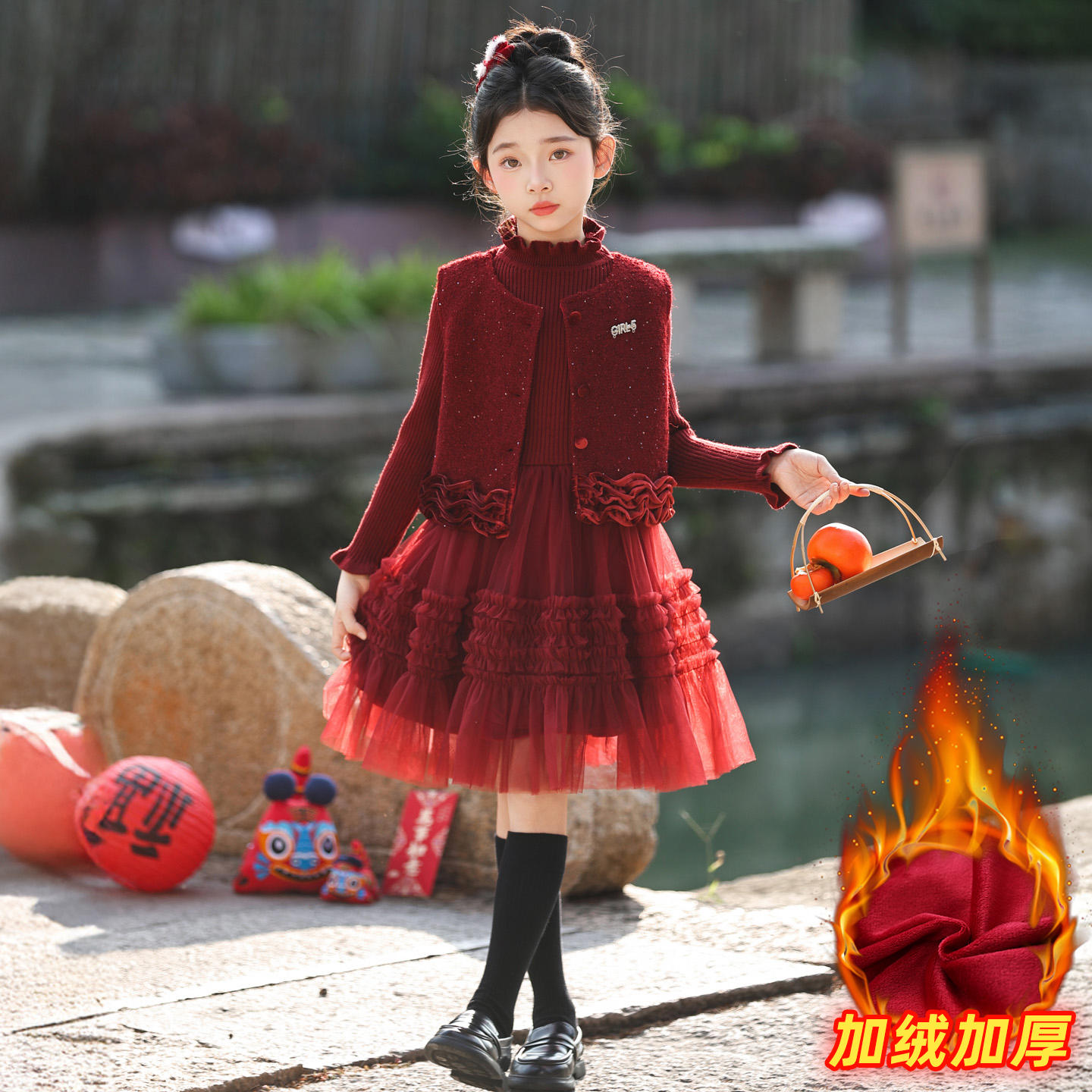 女童连衣裙秋冬季2025新款儿童加绒公主裙中大通小香风马甲两件套