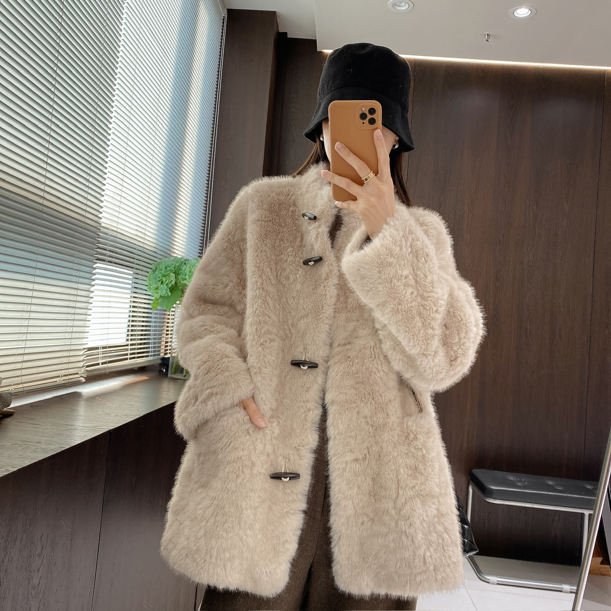 IMFLY金小金自制女装 毛毛外套DYW10309冬季韩系中长款牛角扣外套