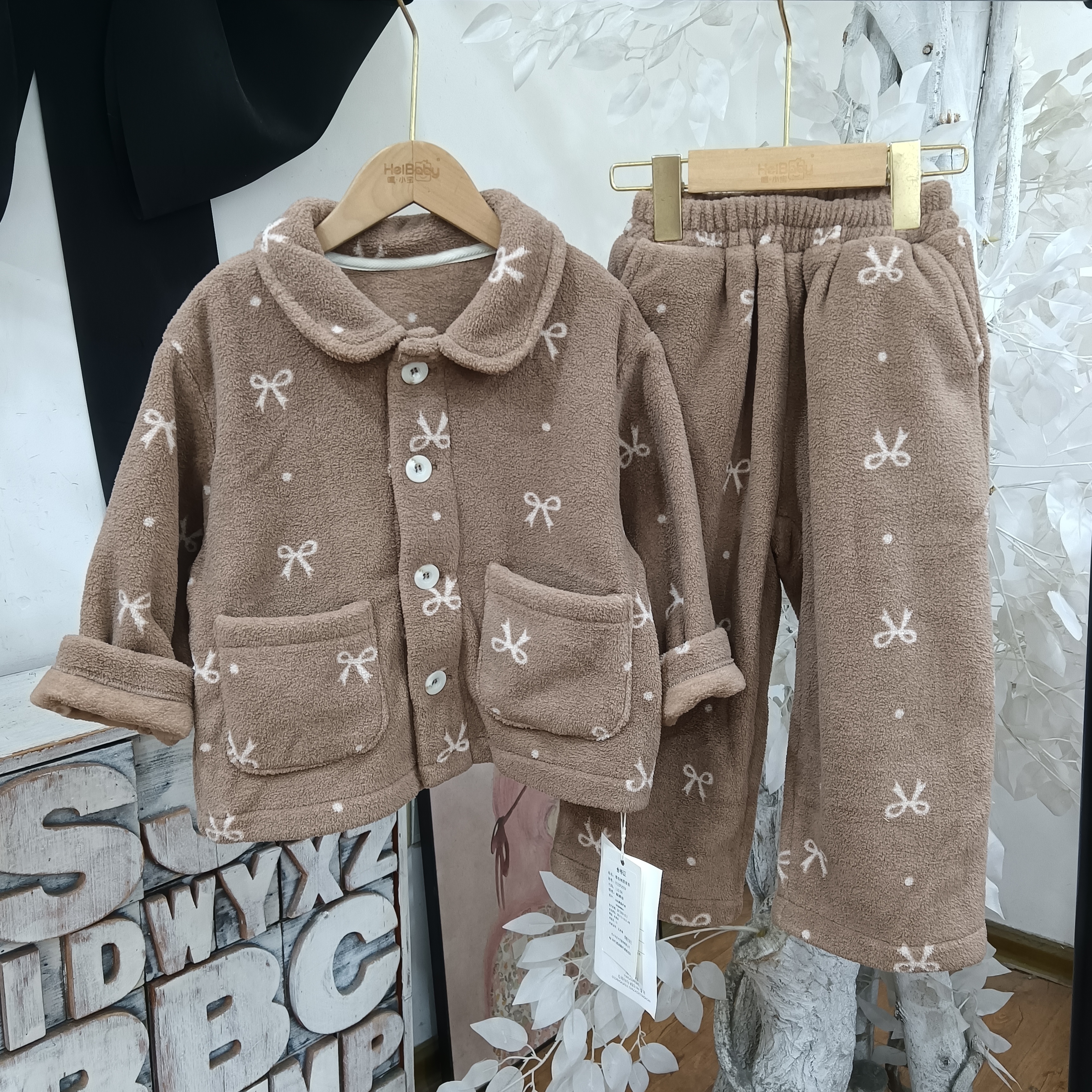 P125雪拉绒蝴蝶结睡衣童装/喵可/深秋