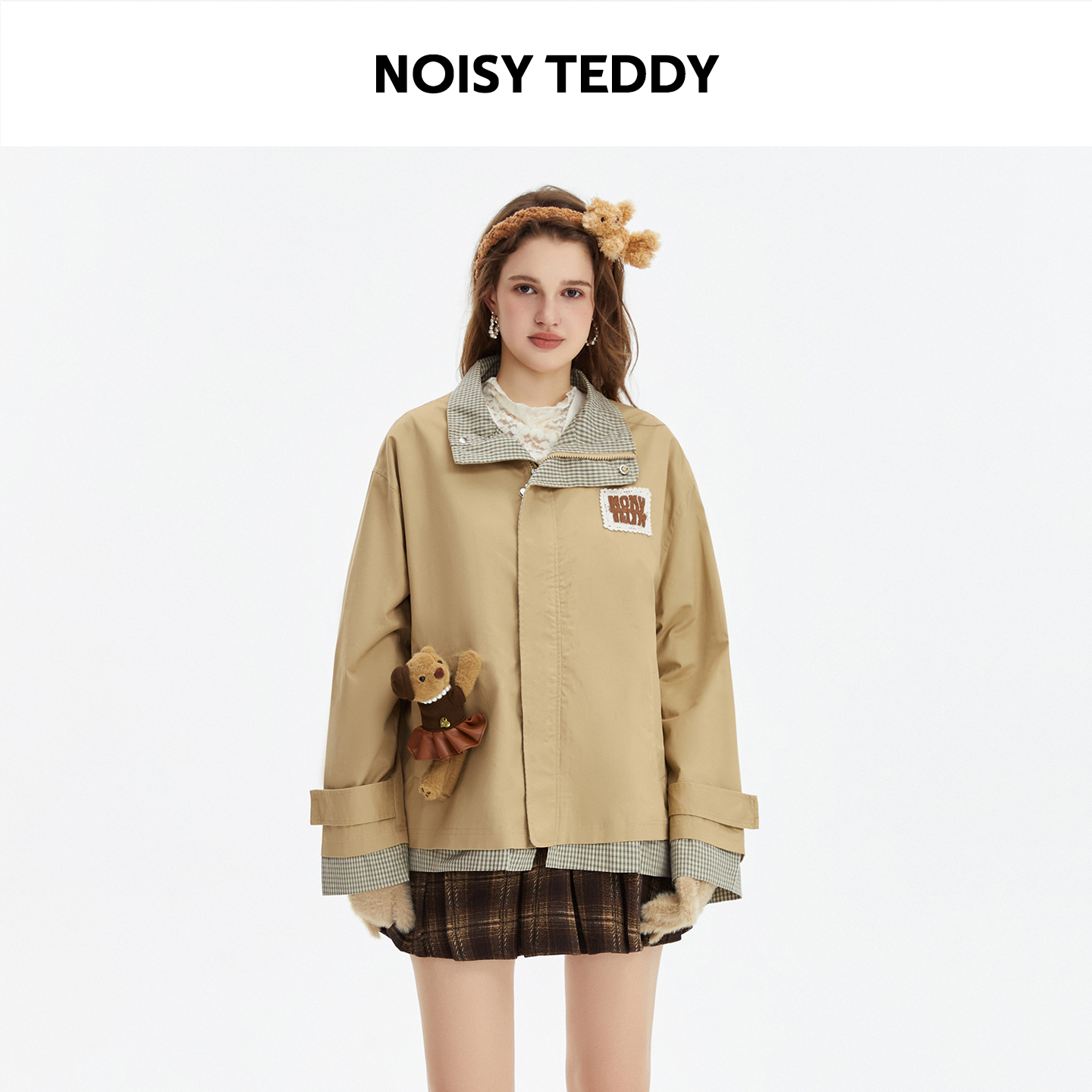 NOISY TEDDY皮标蕾丝休闲外套格纹拼接撞色简约休闲风衣开衫