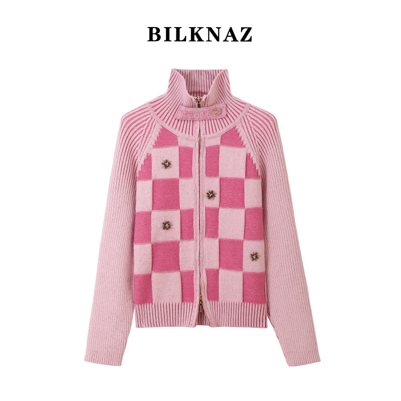 BILNAZ秋冬季新款高级感方格设计款高领拉链针织衫开衫S6102