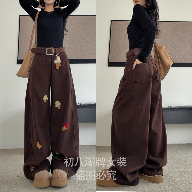 55588毛巾绣蘑菇加绒牛仔裤2025年冬季直筒显瘦复古高腰保暖长裤