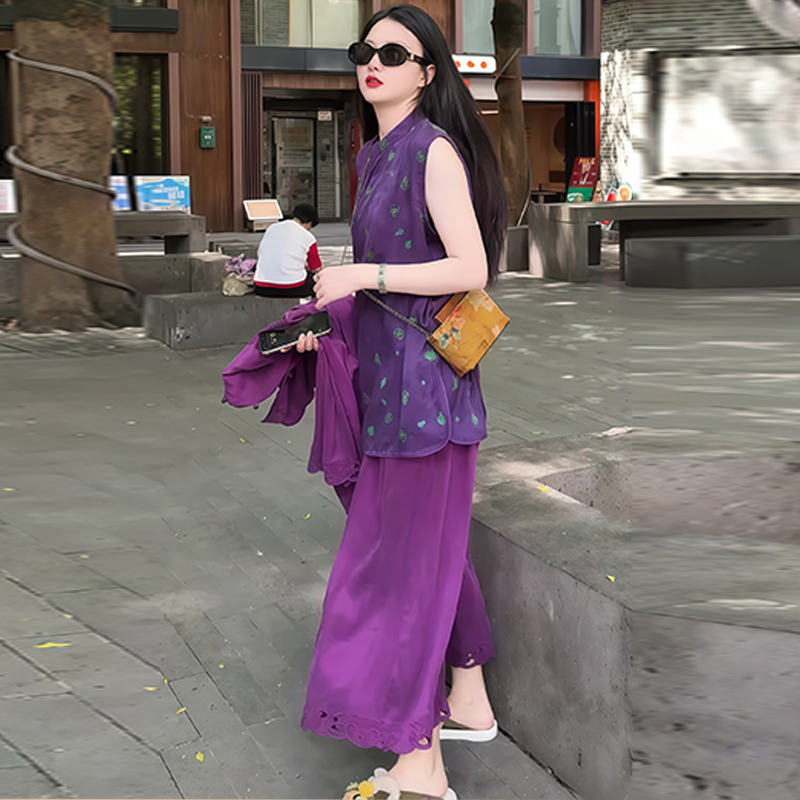 休闲新中式国风套装女2025夏季新款轻熟小众无袖上衣阔腿裤两件套