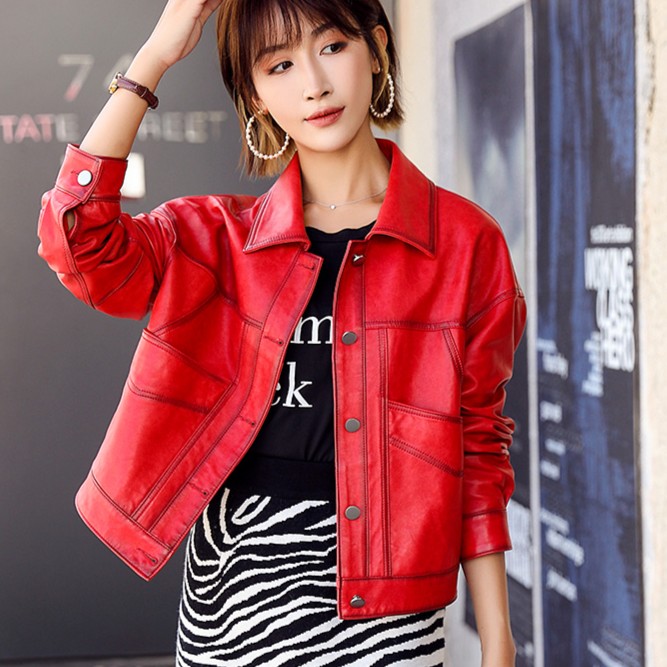 海宁真皮皮衣女绵羊皮秋冬新款机车休闲真皮皮衣夹克外套短款