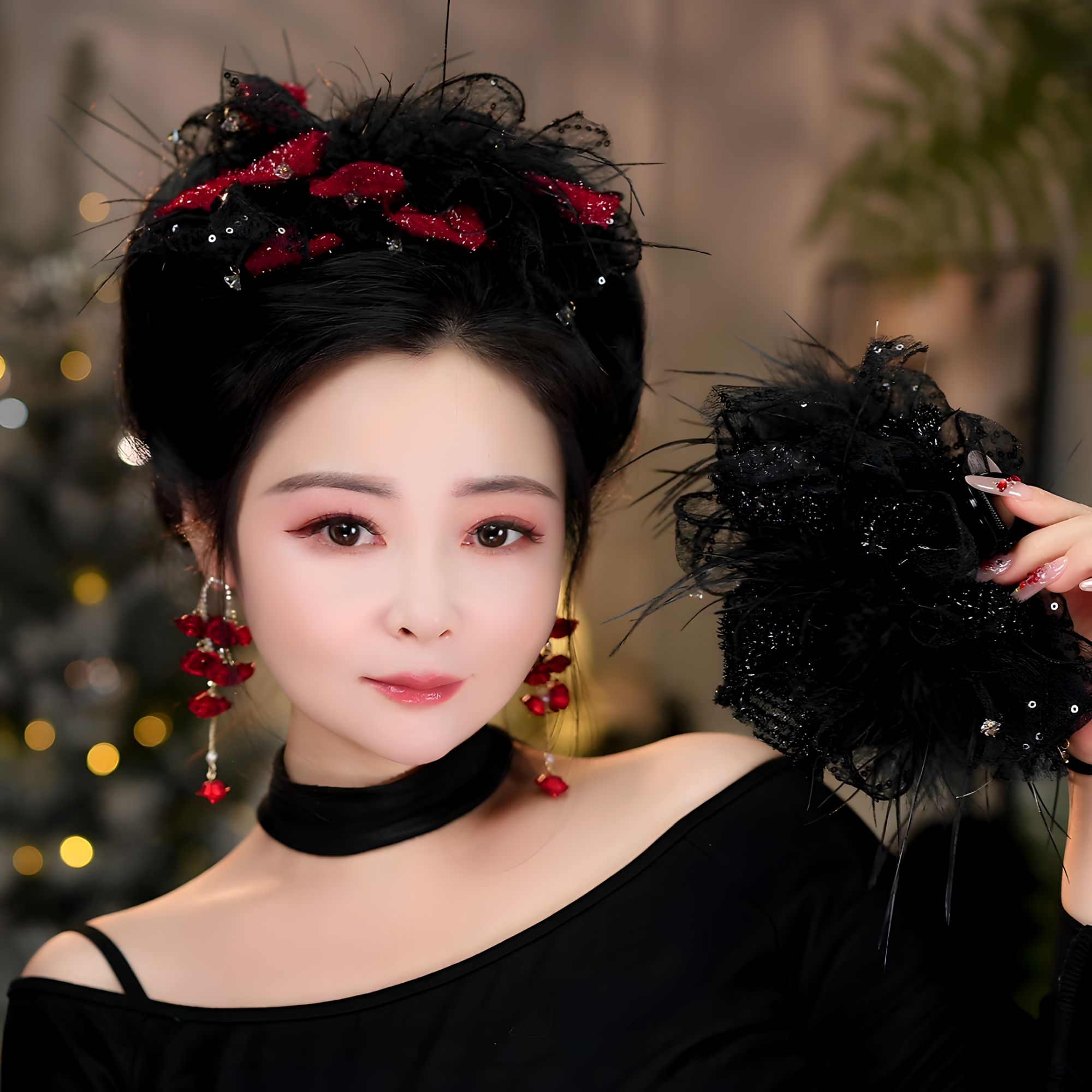 韩式复古港风水晶毛毛抓夹发饰百搭显发量盘发羽毛鲨鱼夹头饰发夹