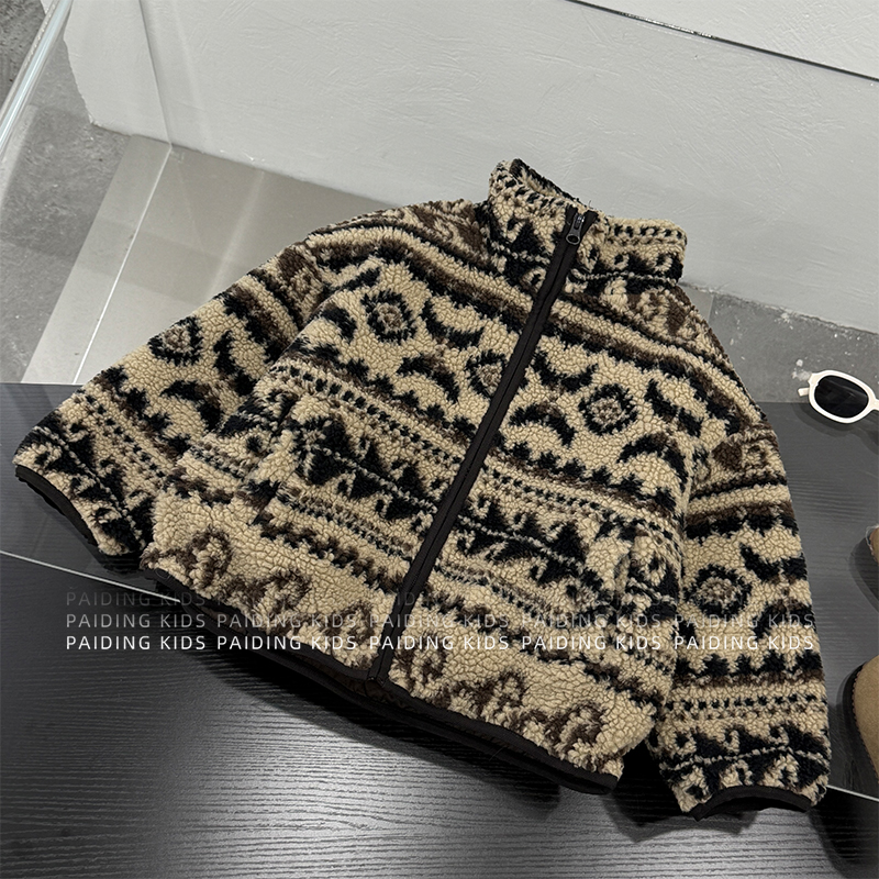 【现货】25冬装儿童潮流撞色花纹帅气加厚保暖连帽夹棉外套SJ6799