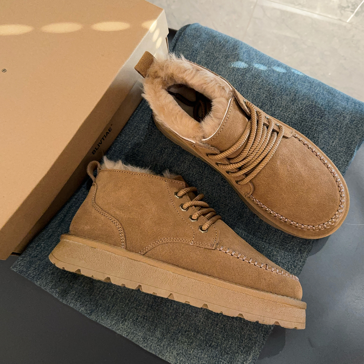 东北防寒鞋子男鞋2025新款皮毛一体雪地靴防滑保暖男士系带短靴子