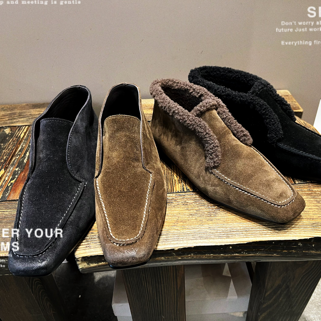 766-21方头一脚蹬秋季纯色时尚百搭加绒平底瓢鞋