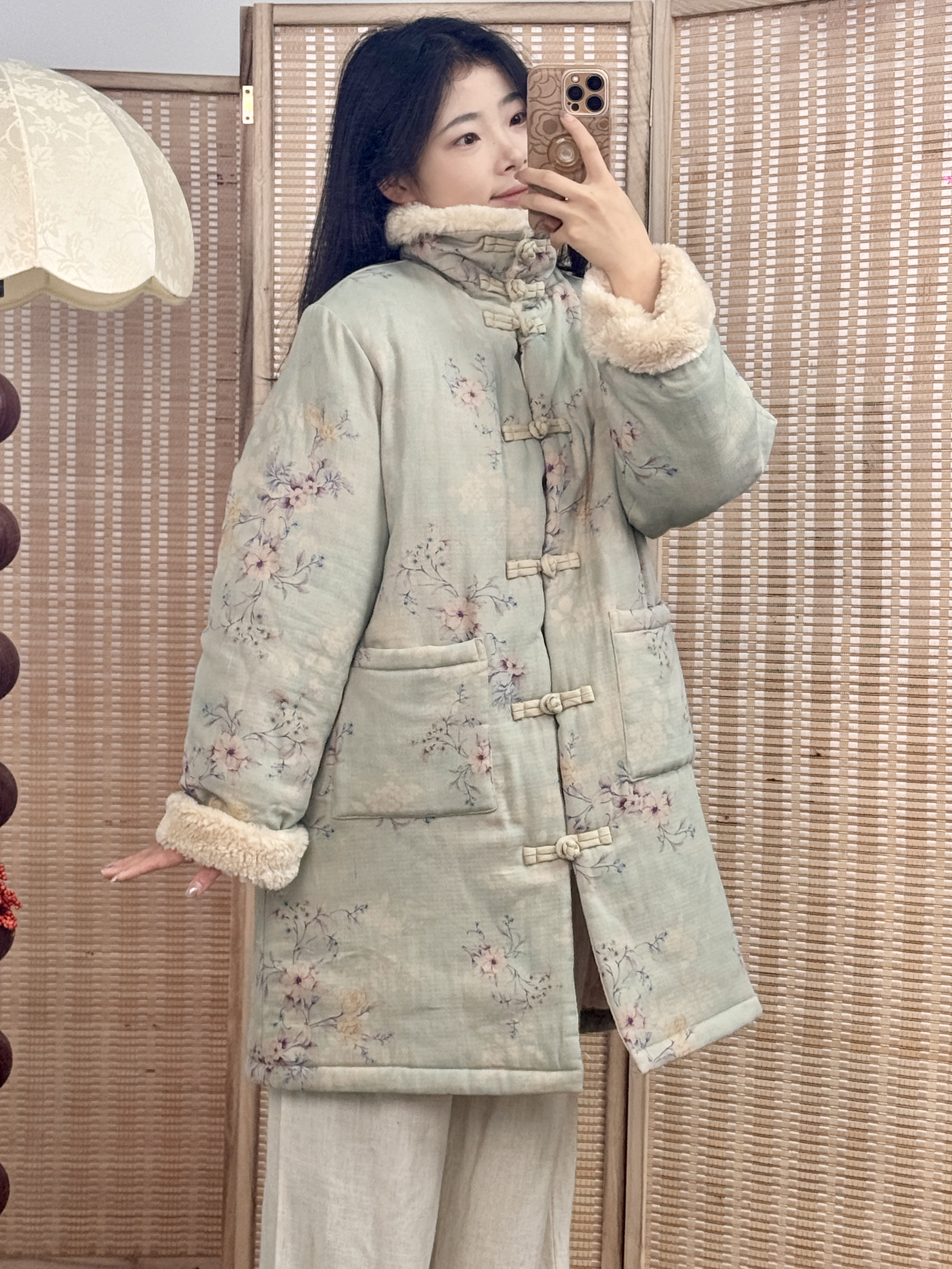 A602新中式手工盘扣国风冬款保暖加厚长款棉服翻毛领