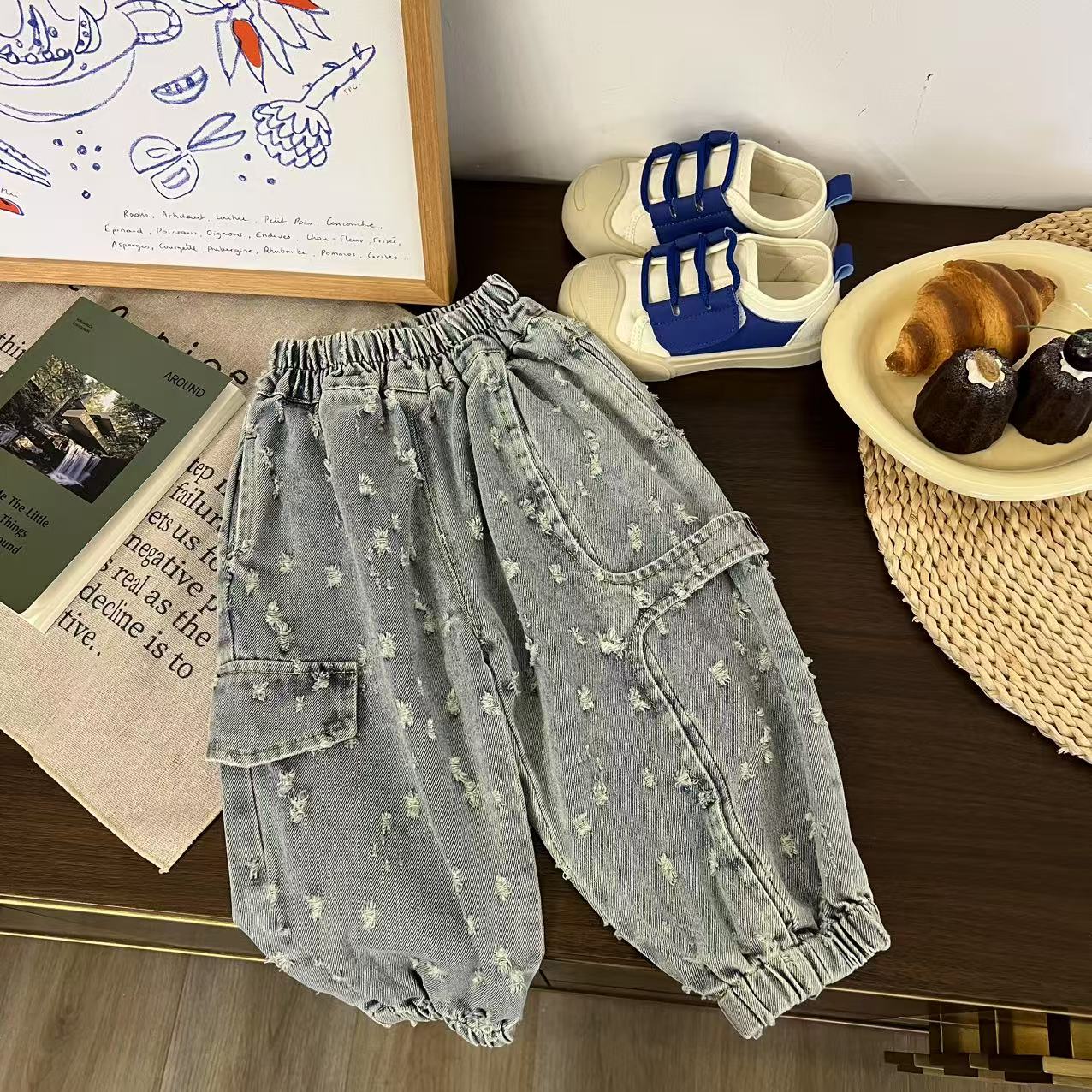 儿童春秋时尚不规则破洞工装牛仔裤KH1973