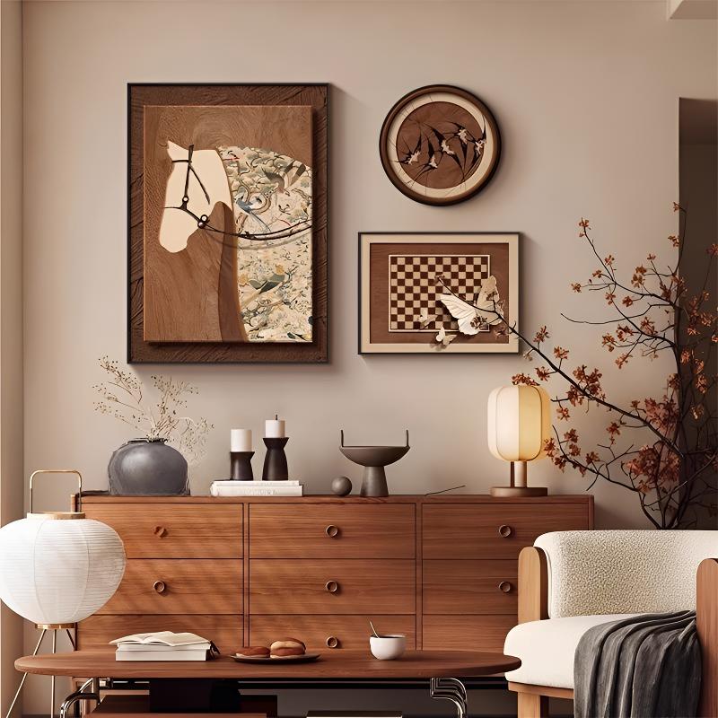 中古风马到成功餐厅装饰画高级大象组合壁画法式复古餐桌边柜挂画