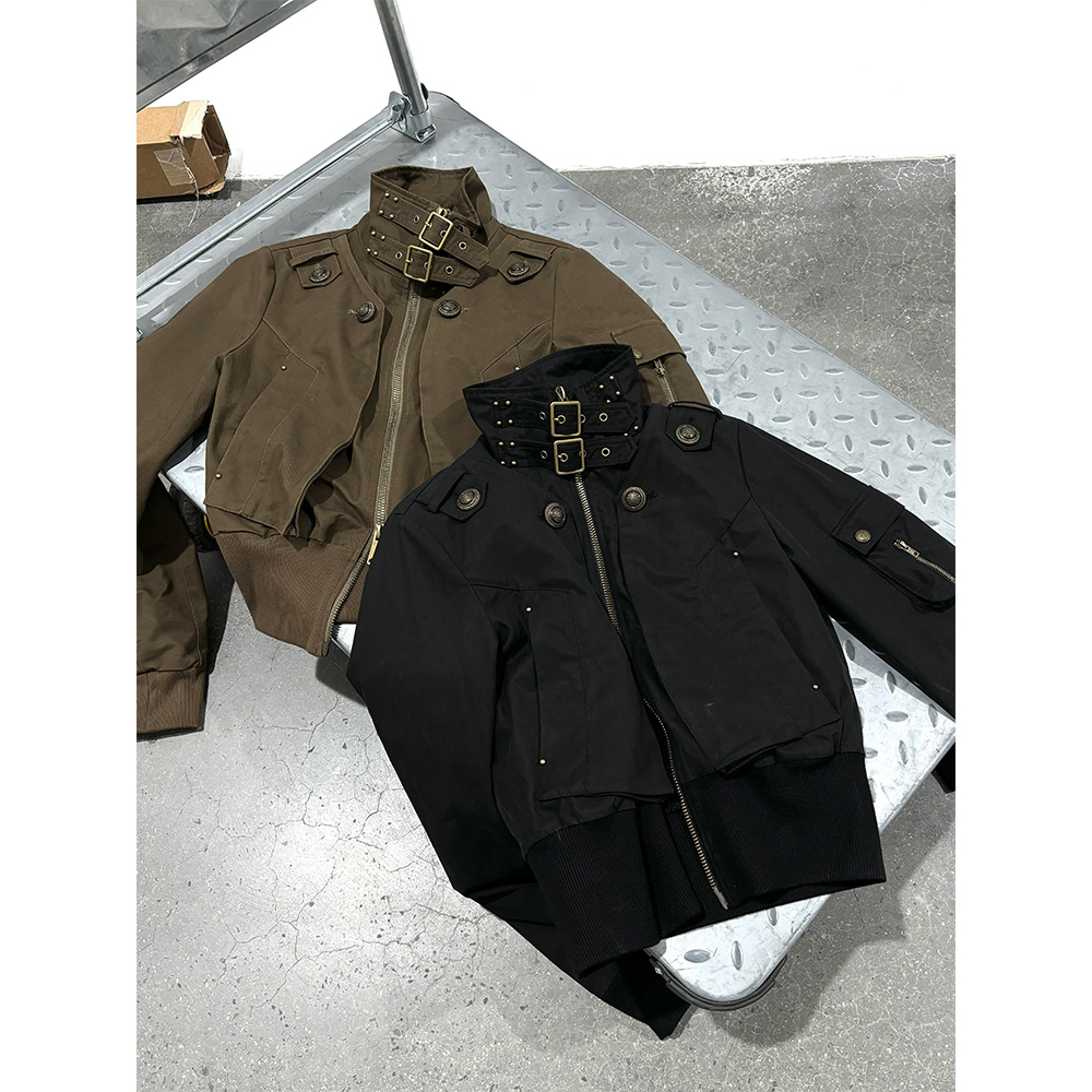 美式复古肩章卡其色立领工装夹克外套女秋季机车风百搭收腰短上衣