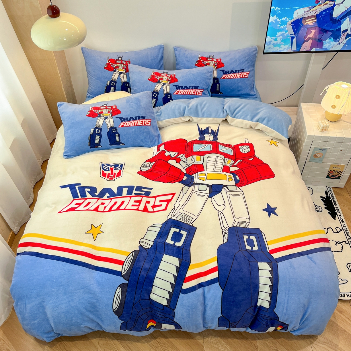 变形金刚男孩牛奶绒冬天四件套保暖被套加厚床单被罩单人床三件套