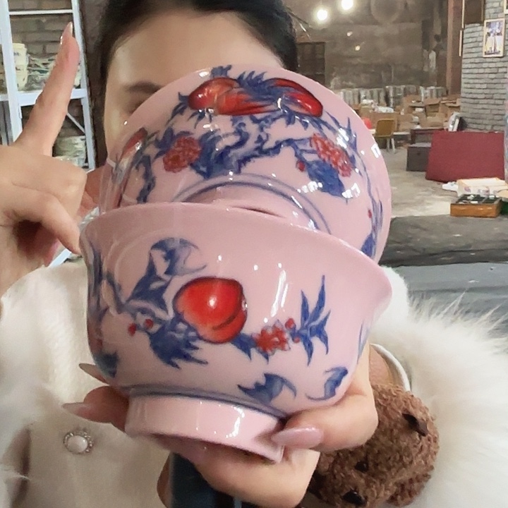 陶摆件景德镇高温陶瓷一对桃子画片红希17