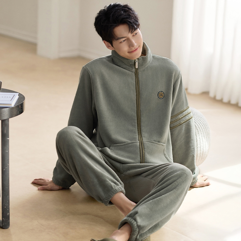 2025男款拉链法兰绒套装可外穿男士冬季高档睡衣拉链立领家居服男