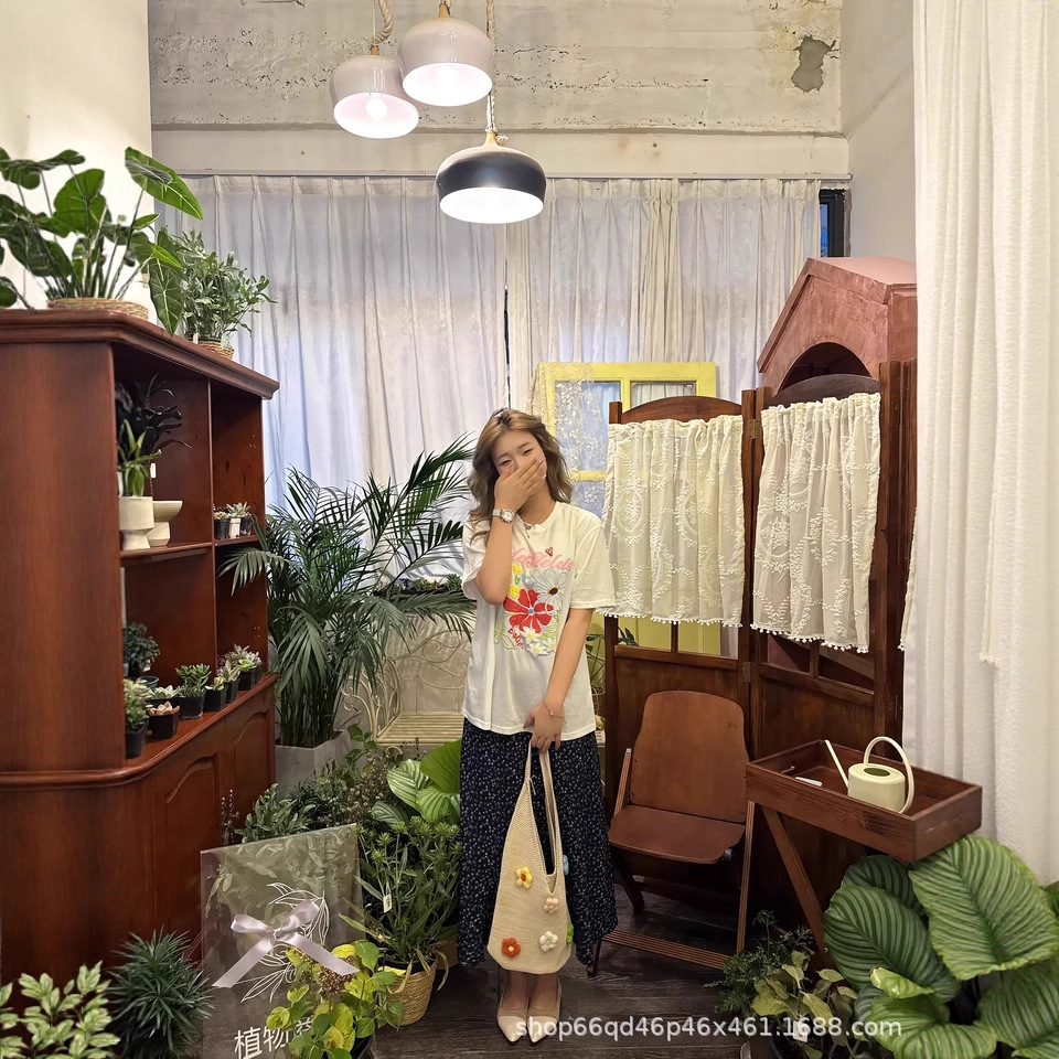 现货直原创发泡花朵印花短袖t恤女夏新款甜美小衫设支持二批
