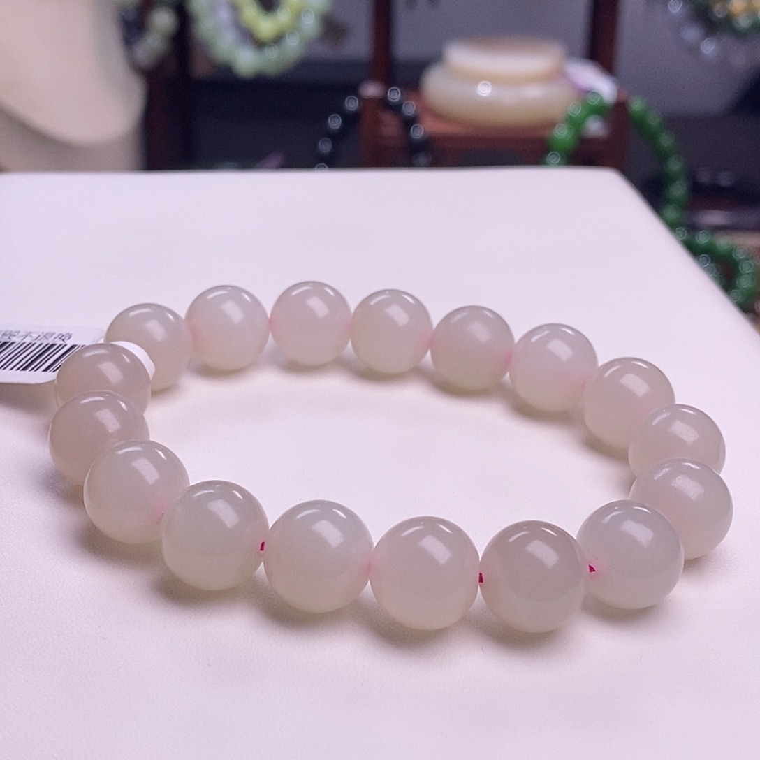 和田玉收藏级藕粉老矿料年糕料圆珠手串12m未镶嵌