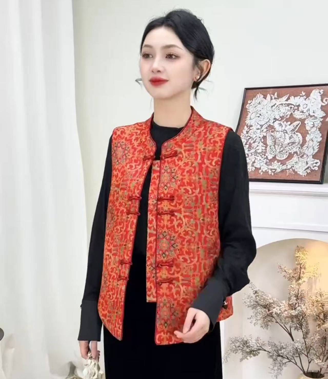 马夹民族风中老年女装长裤棉衣常规薄款外套新中式气质马甲提花