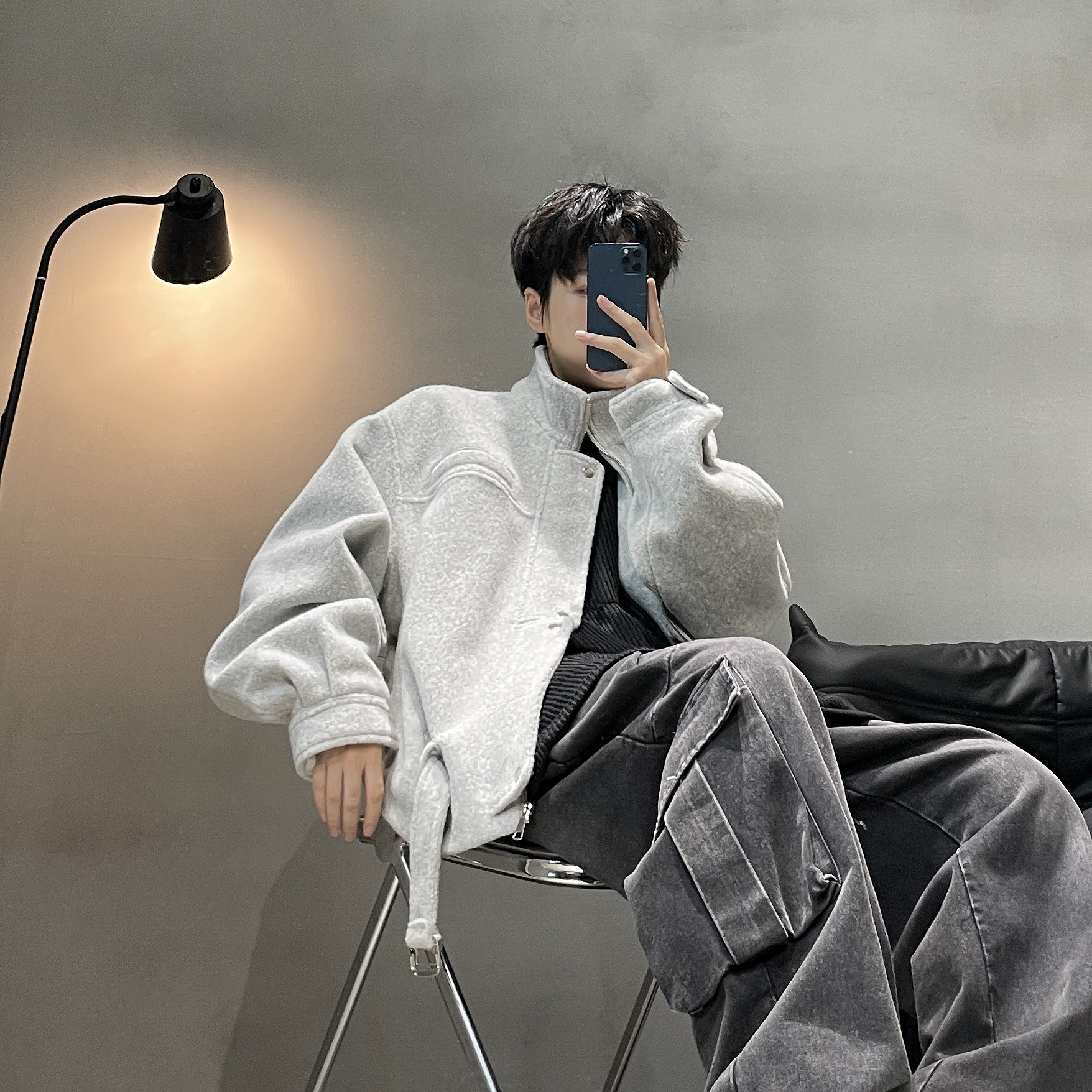 品质短款颗粒绒毛呢夹克男小众高级感秋冬中性风外套潮