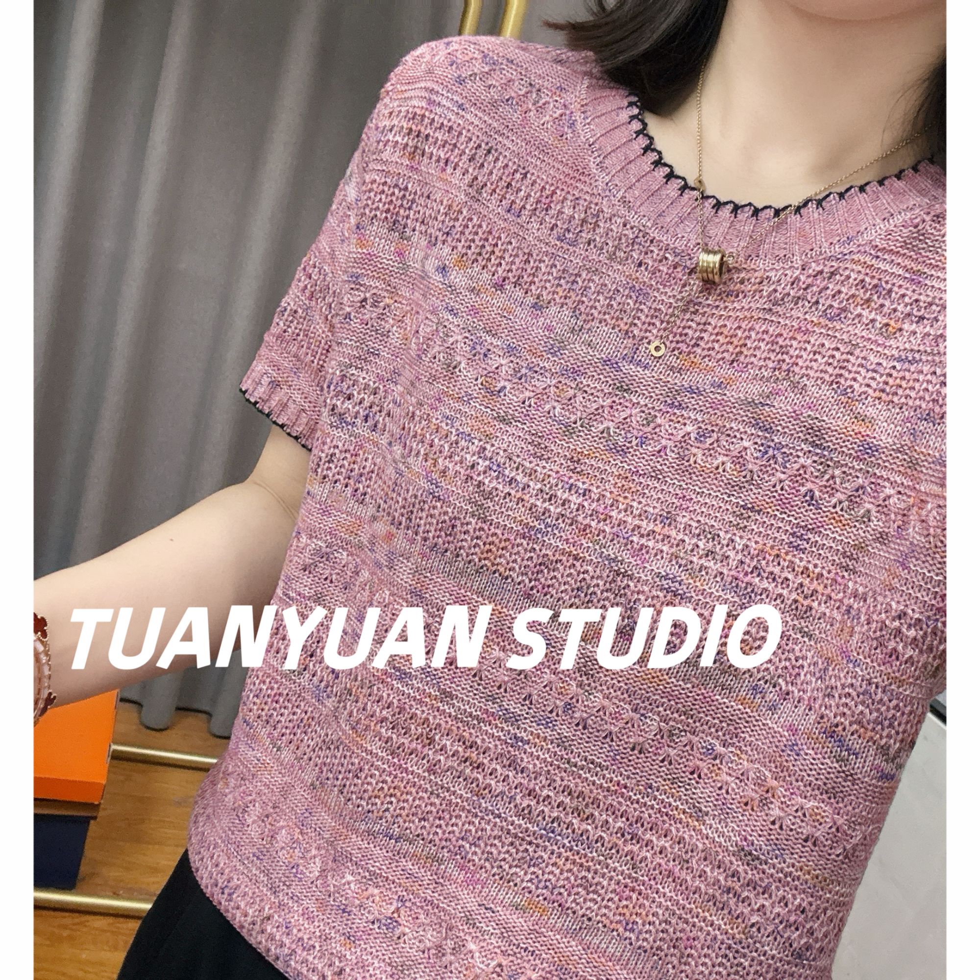 【星空幻彩】短袖圆领设计感钩花套头针织夏新款遮肚宽松休闲上衣