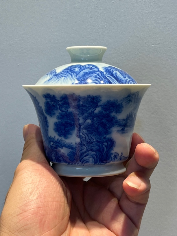 青花山水二才马蹄盖碗青花瓷140毫升陶瓷家用茶具