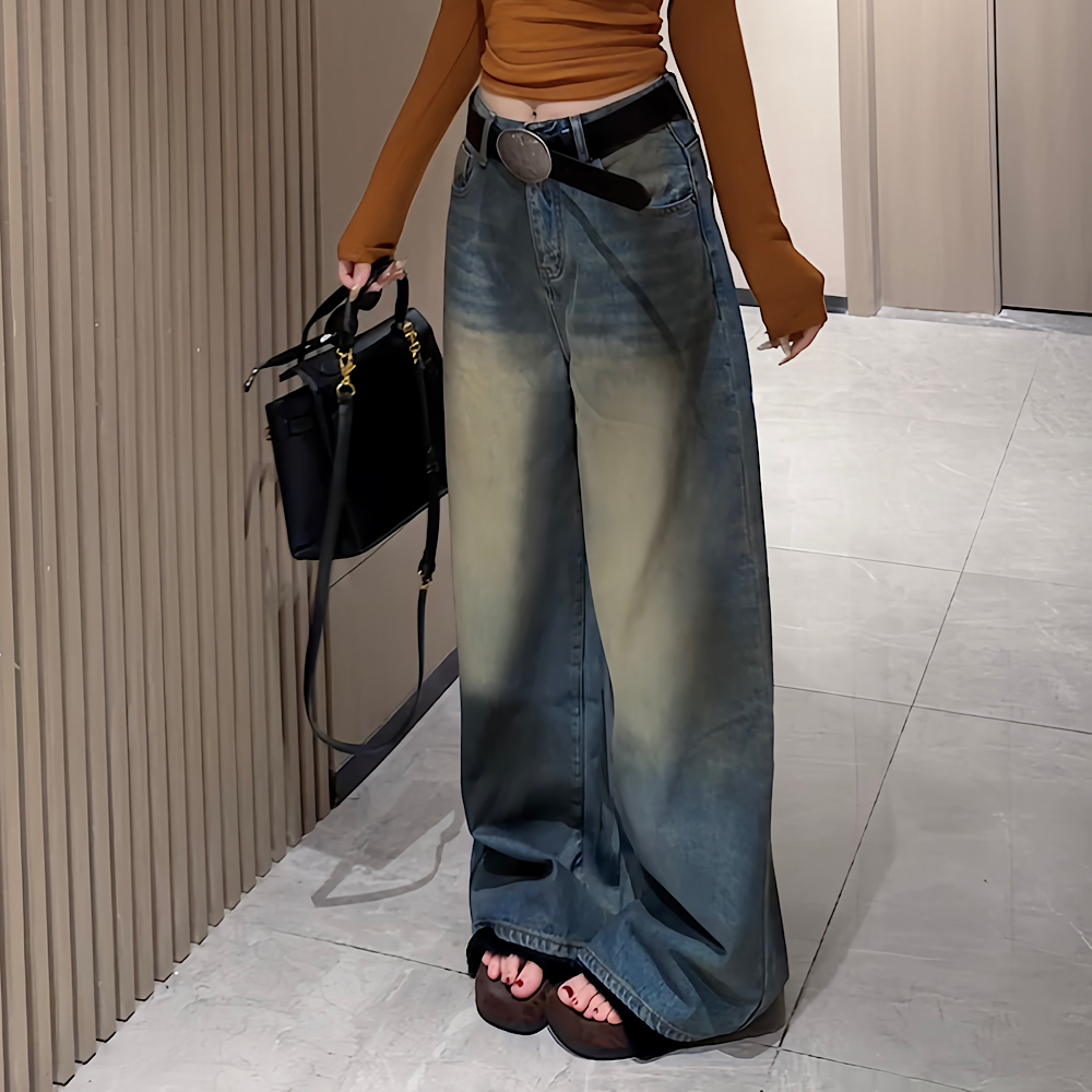 【钻石店铺优选】秋冬新款时尚百搭韩系复古水洗做旧色牛仔阔腿裤女