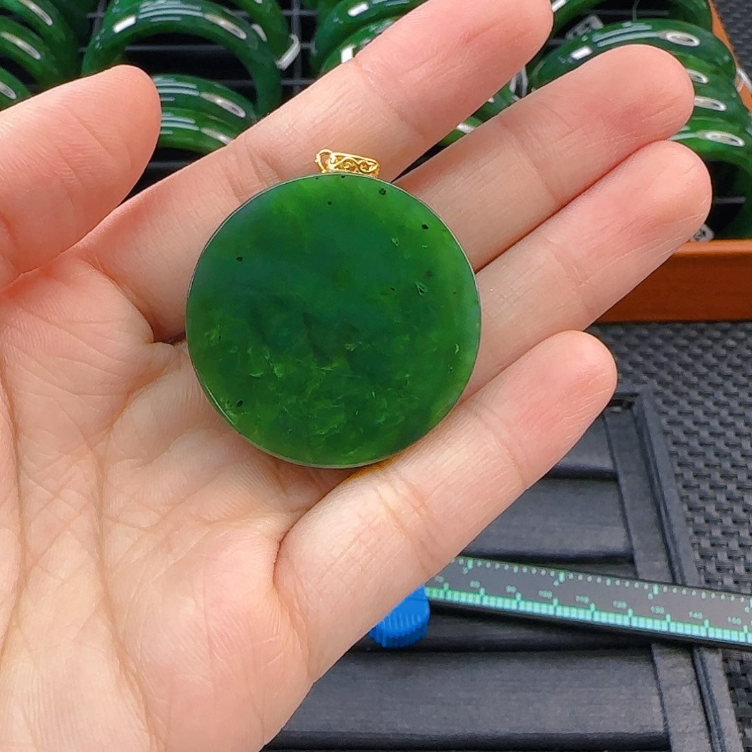 颈饰银S925镶嵌和田玉碧玉圆无事牌吊坠扣头