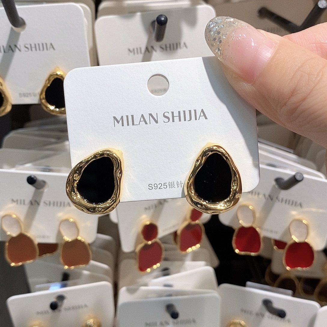 铜合金925银水滴黑色耳钉