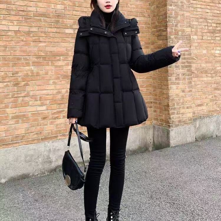 黑色【在逃公主】高端定制海外版新款小个子冬季连帽外套羽绒棉加厚
