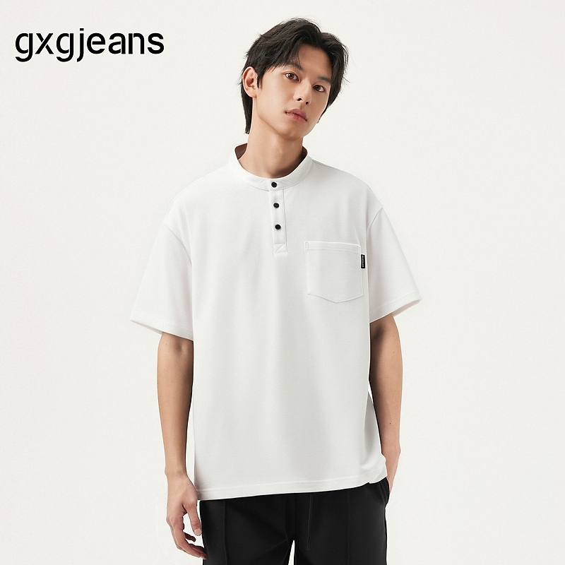 gxg.jeans男装 白色基础简约宽松亨利领短袖t恤男生 25夏新品