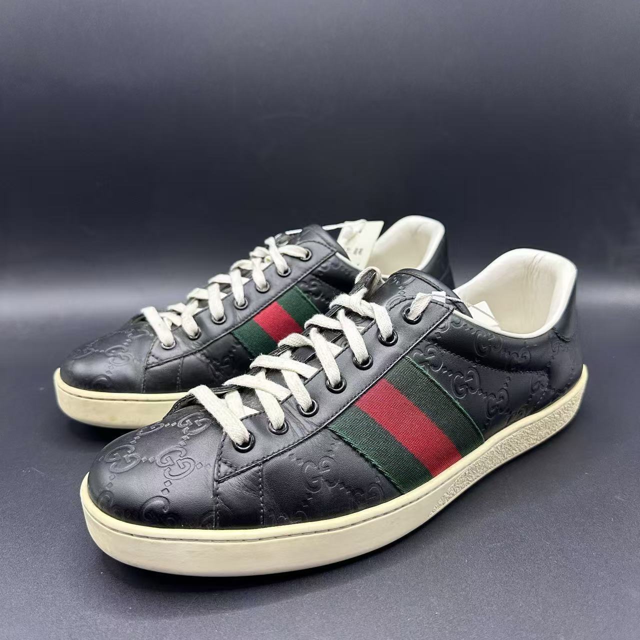 95新 GUCCI/古驰 男士经典黑色老花板鞋42码lb456