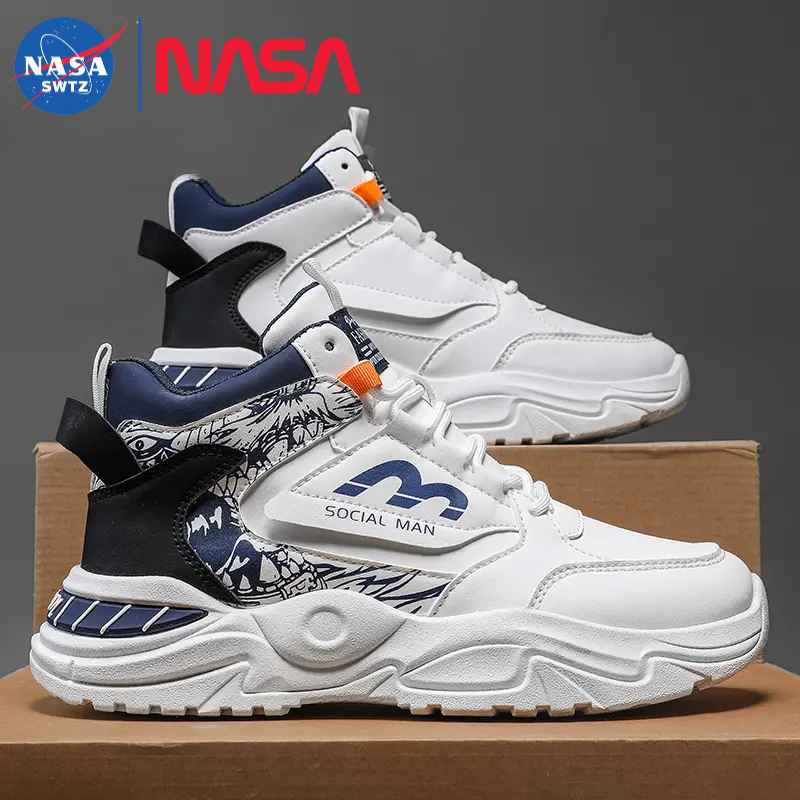 NASA联名秋季高帮鞋男鞋厚底休闲青少年运动鞋皮面防水老爹鞋潮鞋