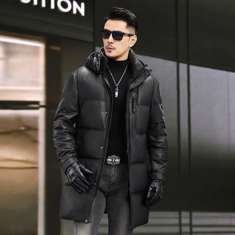 2026可拆卸连帽中长款真皮皮衣羽绒服男头层小牛皮外套加厚皮大衣