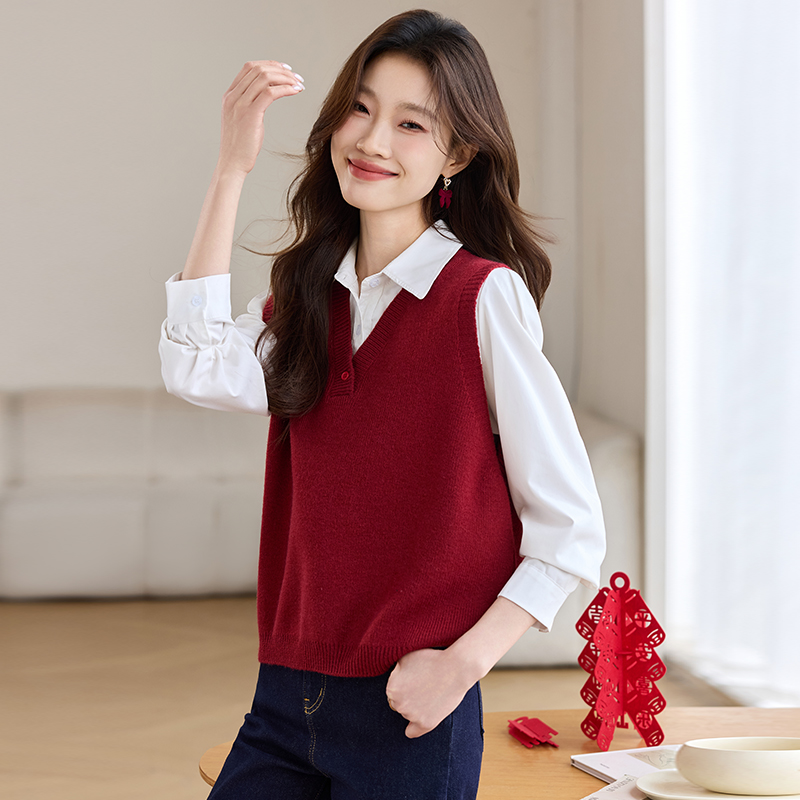 伊芙丽蒂尔绵羊毛时尚V领小背心马夹毛衣女新春款针织马甲打底衫