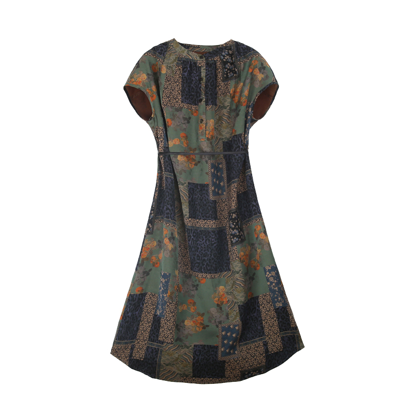 25姆米满桑香云纱透孔罗复古拼接花前开襟衬衣领连衣裙12423-3