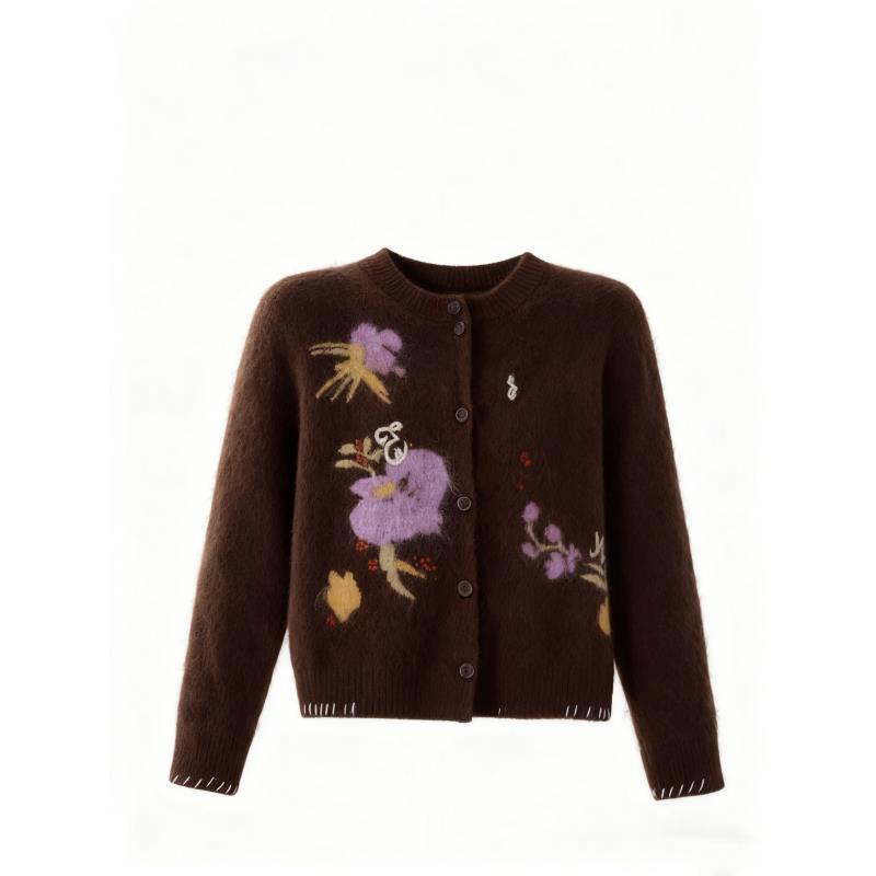 【暗棕花境】2025秋冬新款提花撞色线迹刺绣针织开衫外套D1839