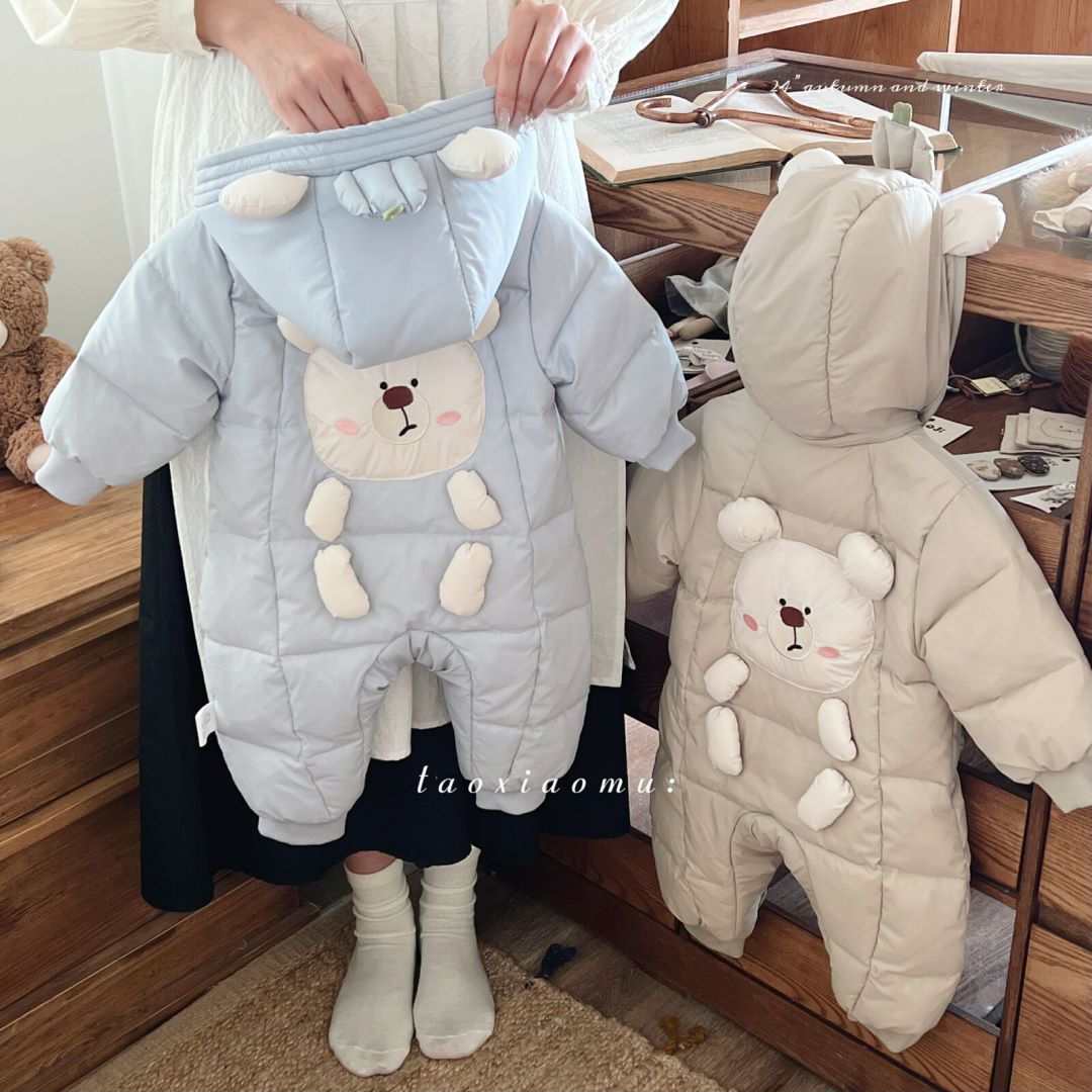 冬季零下婴儿连体衣羽绒服婴幼儿卡通南瓜熊纯色白鸭绒羽绒服8555