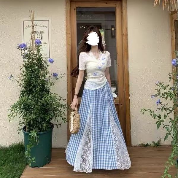 [胖鹅张]甜美系透视蕾丝拼接格子半裙#7706[实物以直播间展示为准