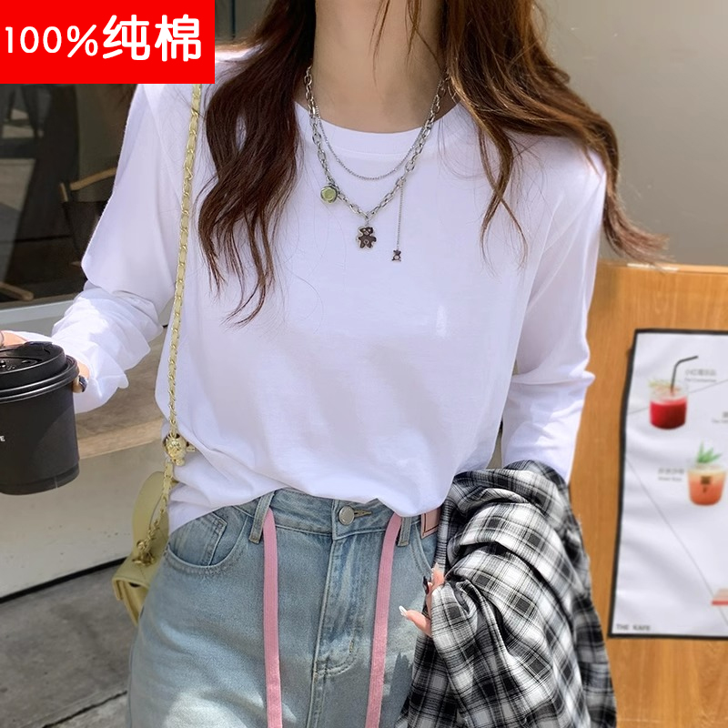 韩版纯色打底衫女2025年春装新款纯棉宽松长袖T恤白色内搭上衣ins
