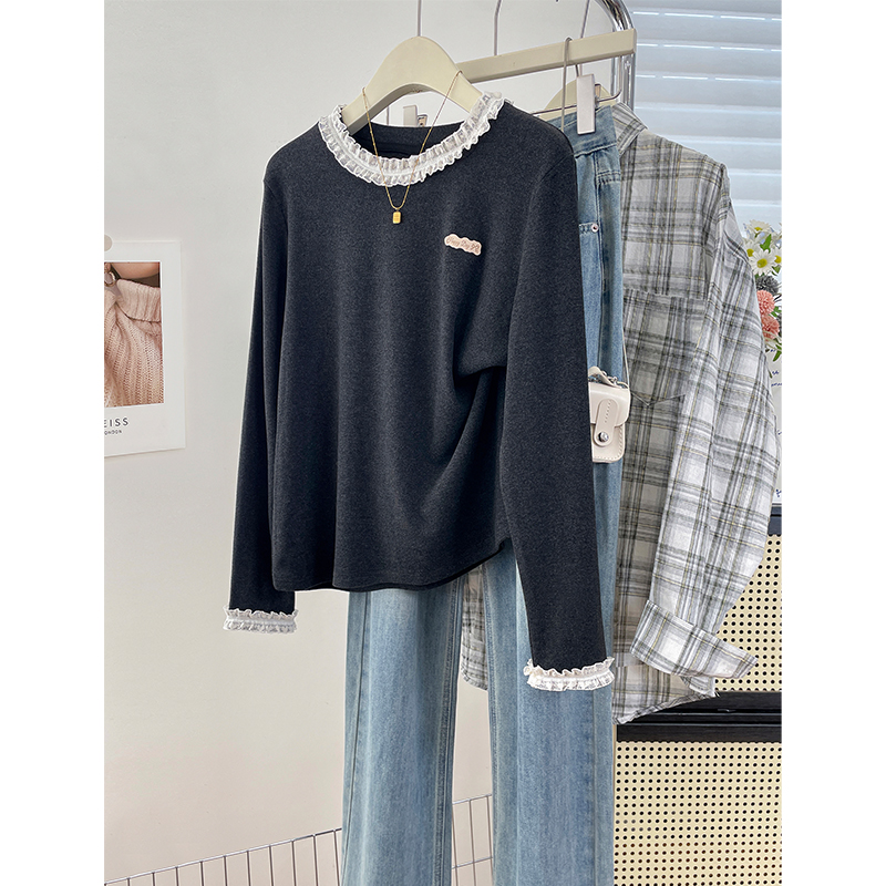 温柔系蕾丝拼接花边圆领长袖打底衫女2025新款秋冬加绒加厚内搭