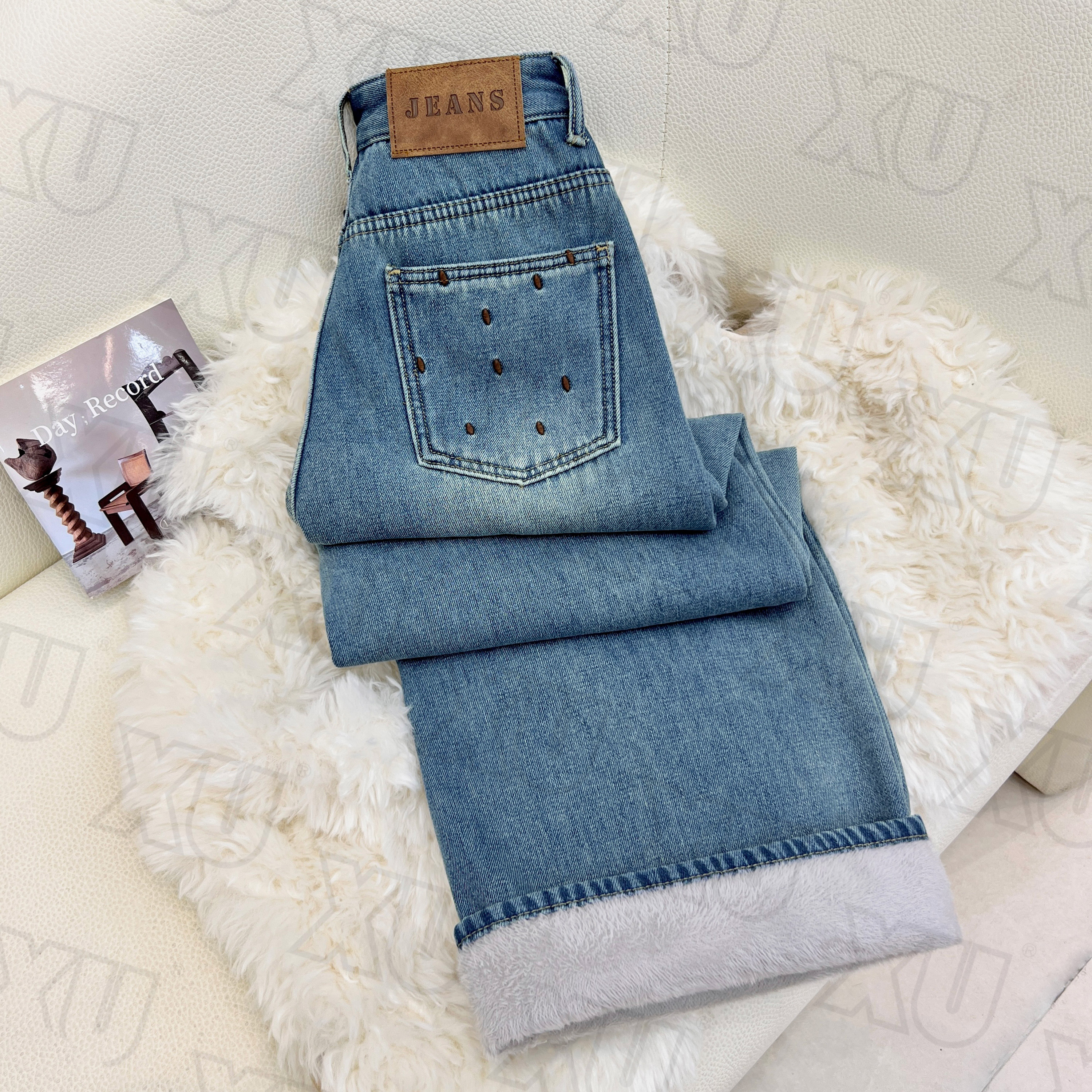 7702 W【送腰带】星蓝加绒阔腿牛仔裤女秋冬2025高腰显瘦宽松拖地裤