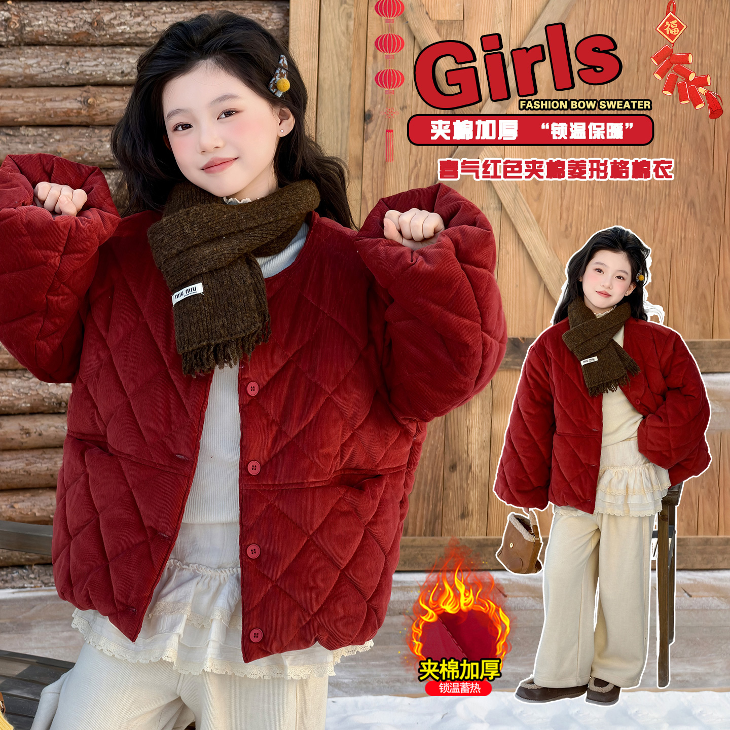 【TT】冬季新款儿童时尚洋气红色拜年服女童夹棉加厚外套HCE346