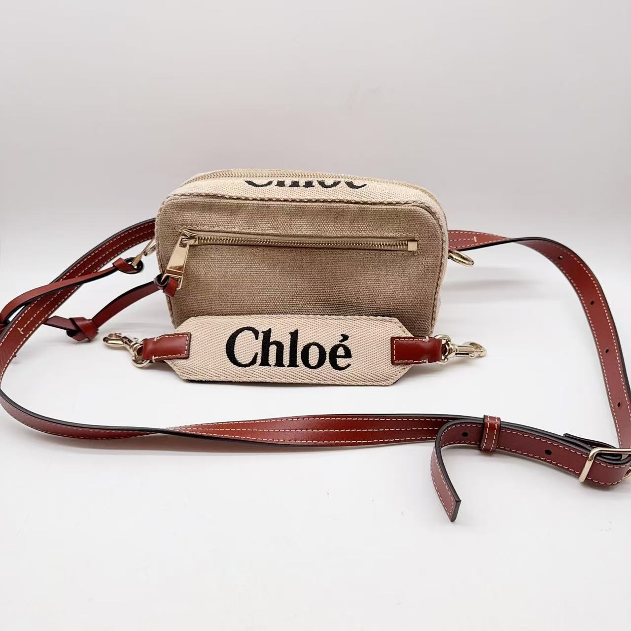 95新 Chloe/蔻依 woody 腰包 棕褐色亚麻帆布
