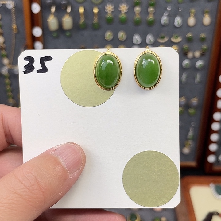 和田玉（碧玉）耳饰银S925镶嵌和田玉35