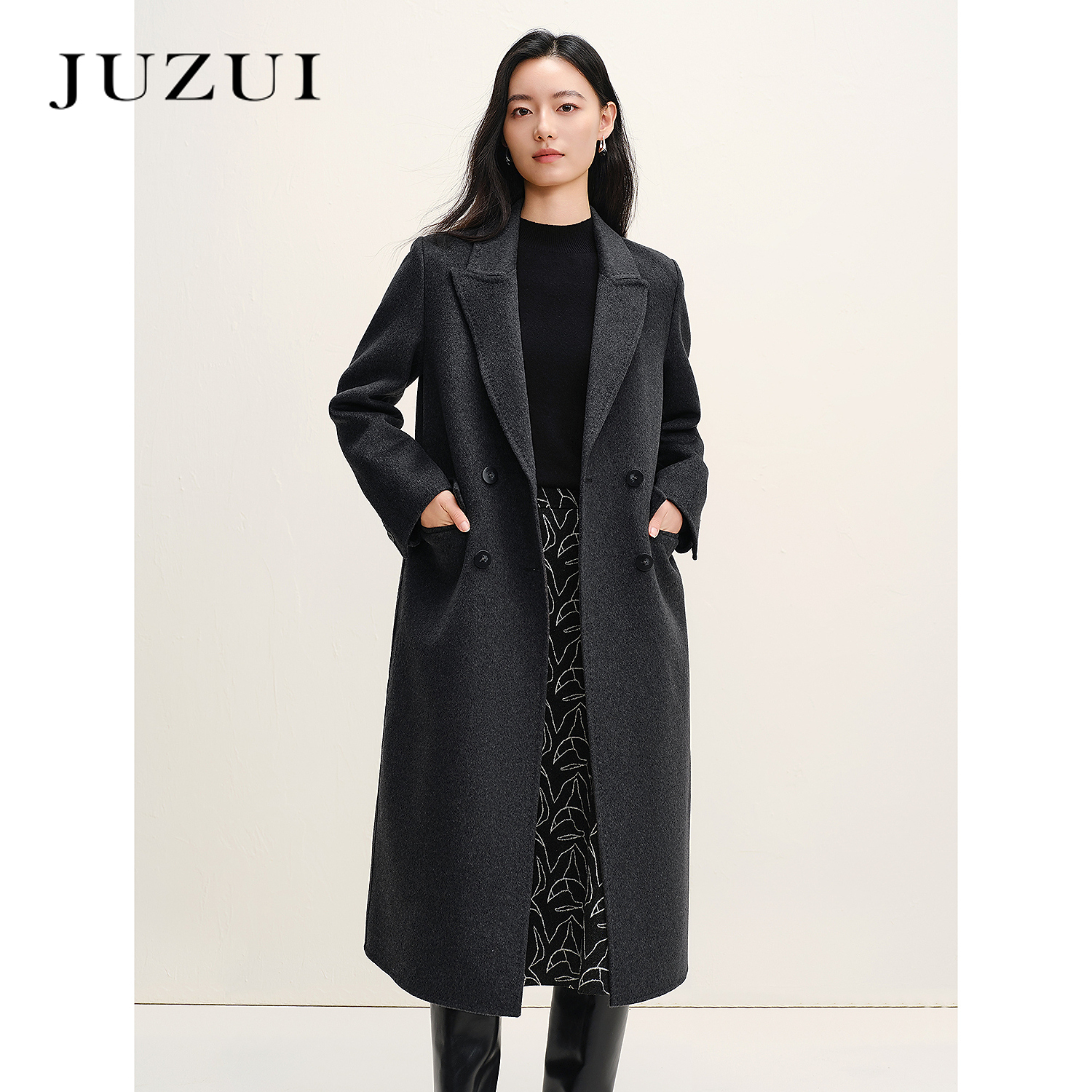 JUZUI玖姿静奢驳领H型羊毛双面呢大衣女2025冬季新款JWFD72111