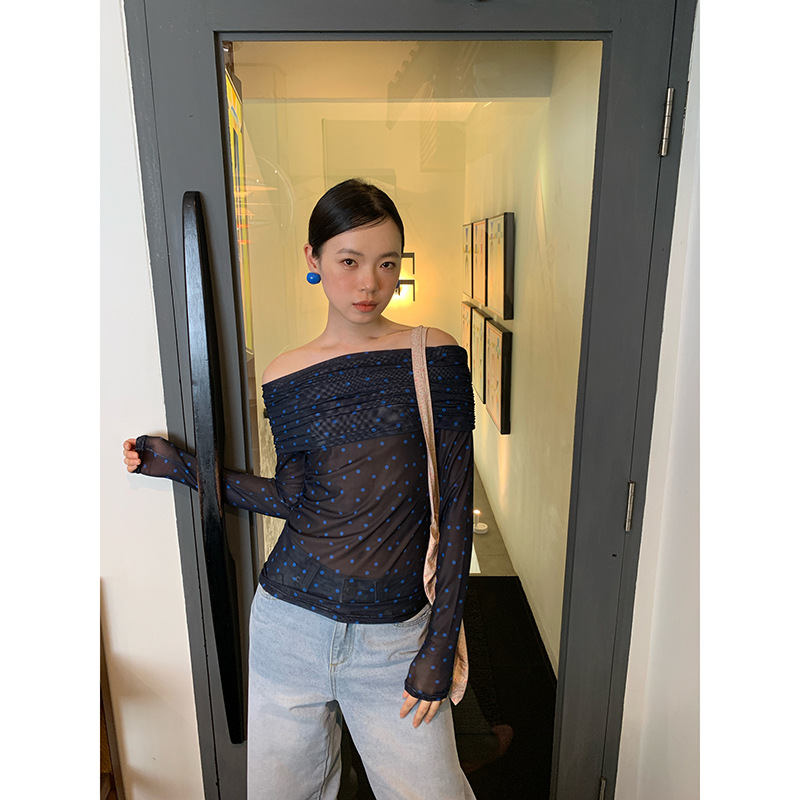 法式辣妹风一字肩波点雪纺衫上衣女C3095