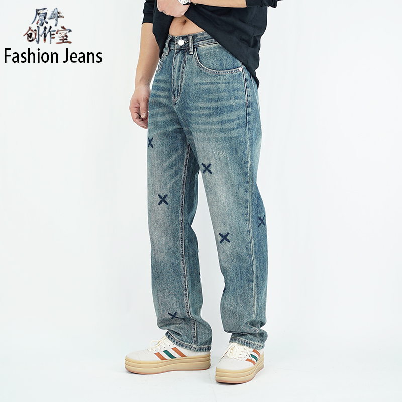 春季新款美式重工刺绣男士直筒牛仔裤裤子男高街潮牌宽松休闲长裤