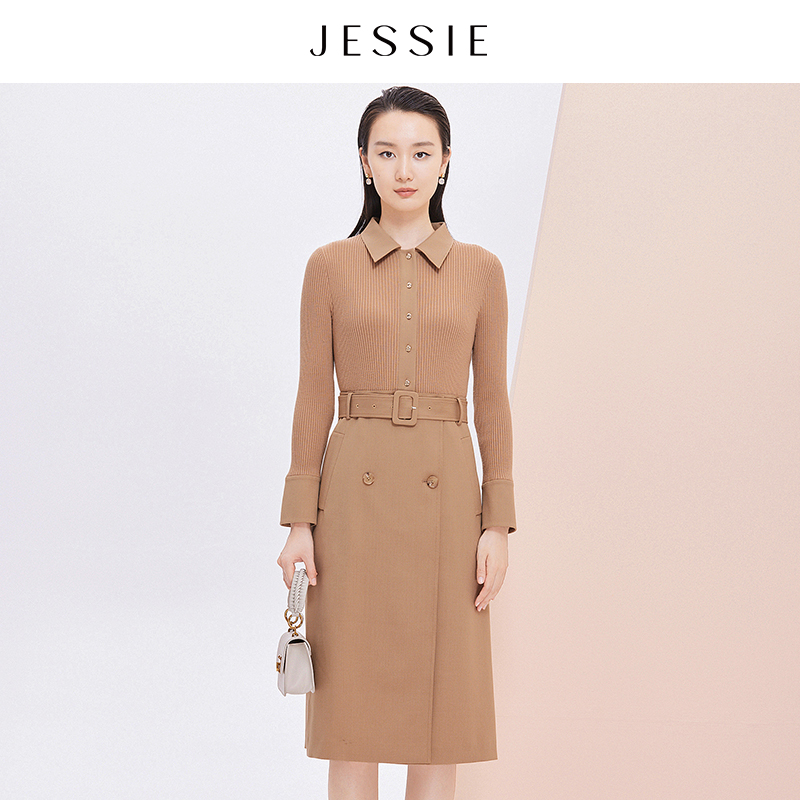 【粉丝专属】【商场同款】JESSIE气质翻领设计感针织拼接中长款连衣裙