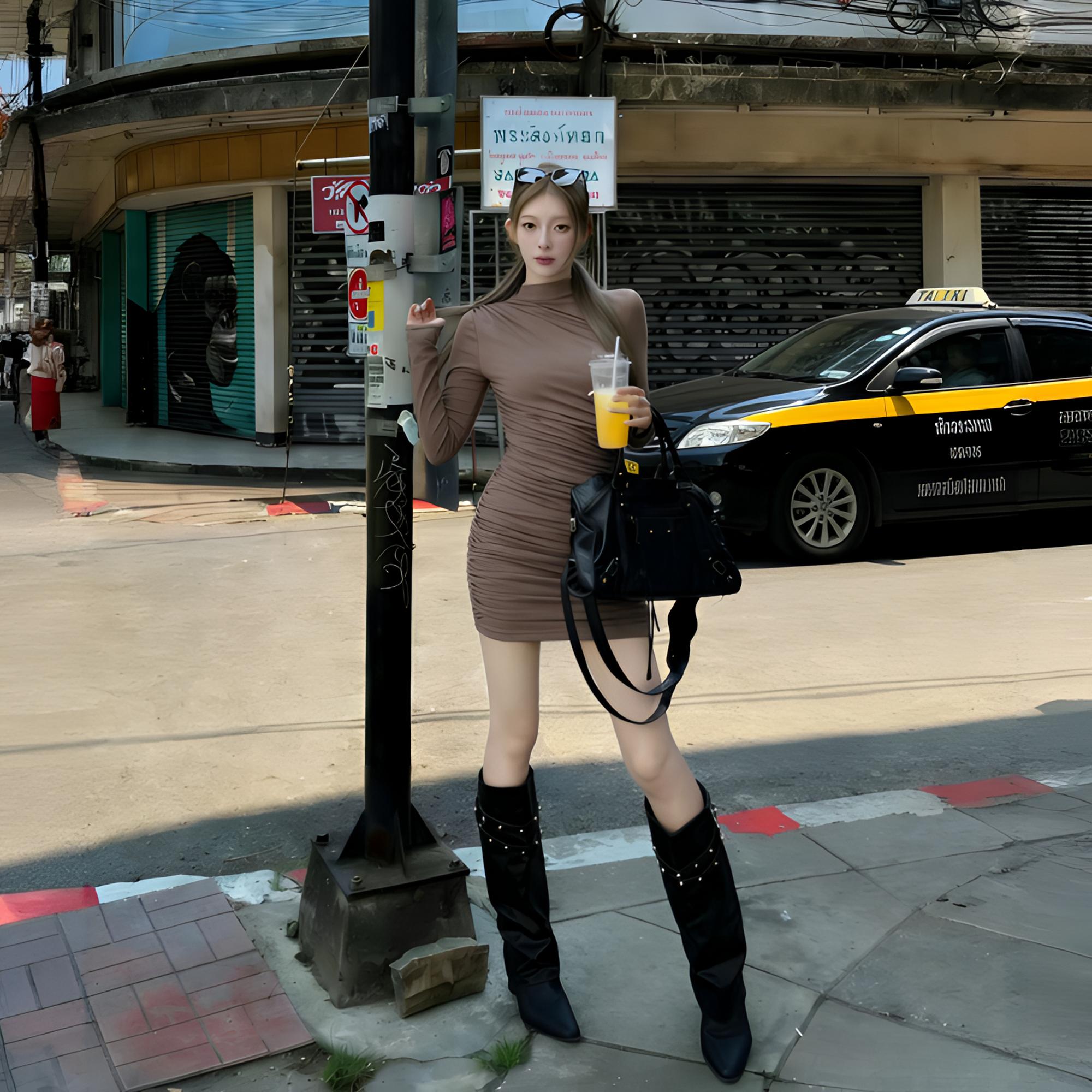 跨年现货运补6-8复古不规则褶皱包臀短裙加绒辣妹修身显瘦连衣裙