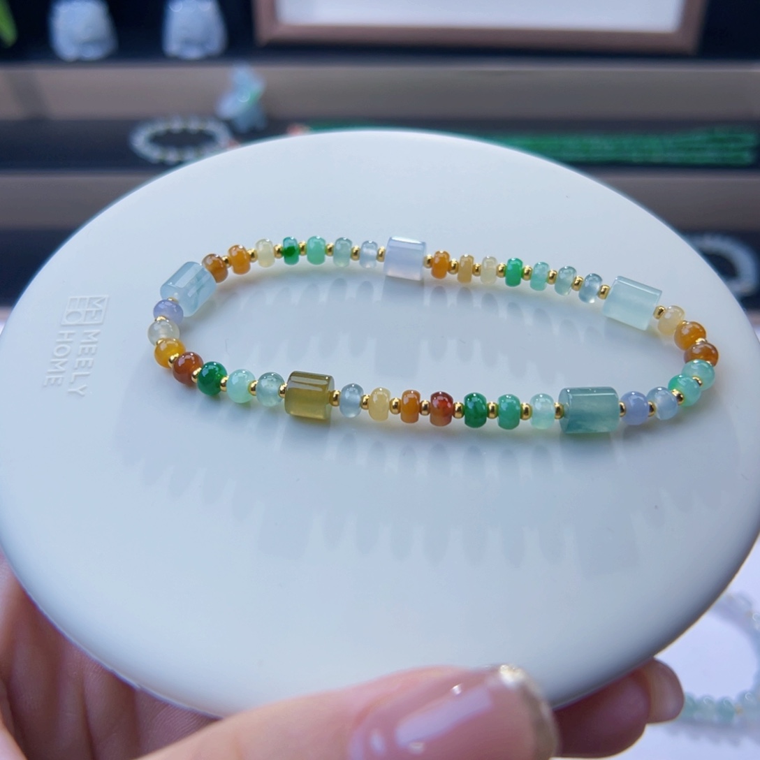 翡翠足金镶嵌手链缅料算盘珠多宝设计款